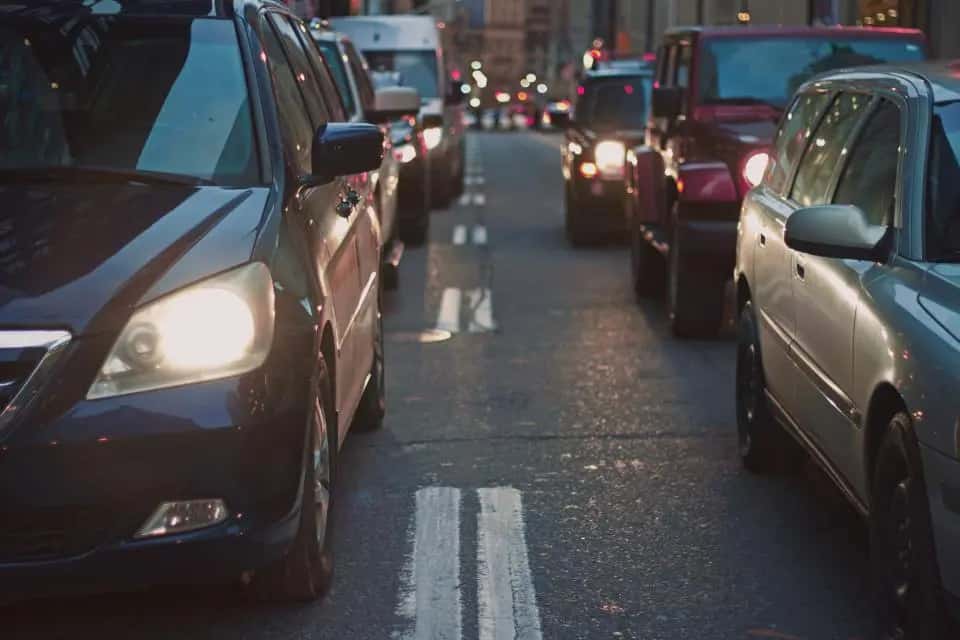 Line of cars in traffic on a city street