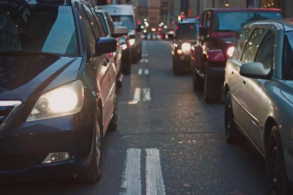 Line of cars in traffic on a city street