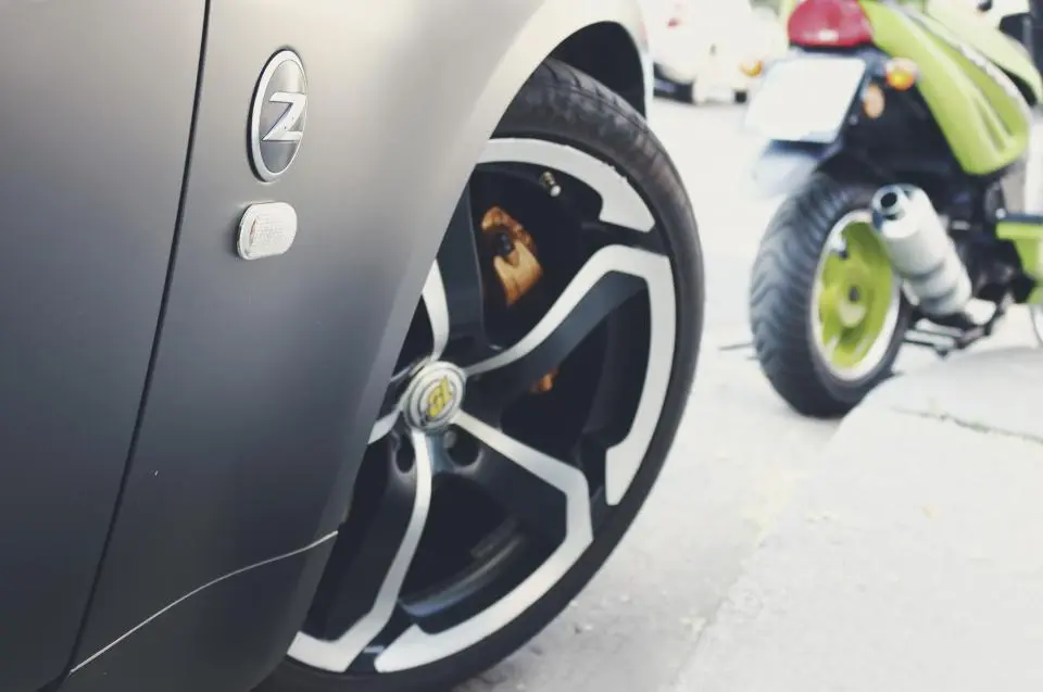 Close view of a sports car wheel and rim